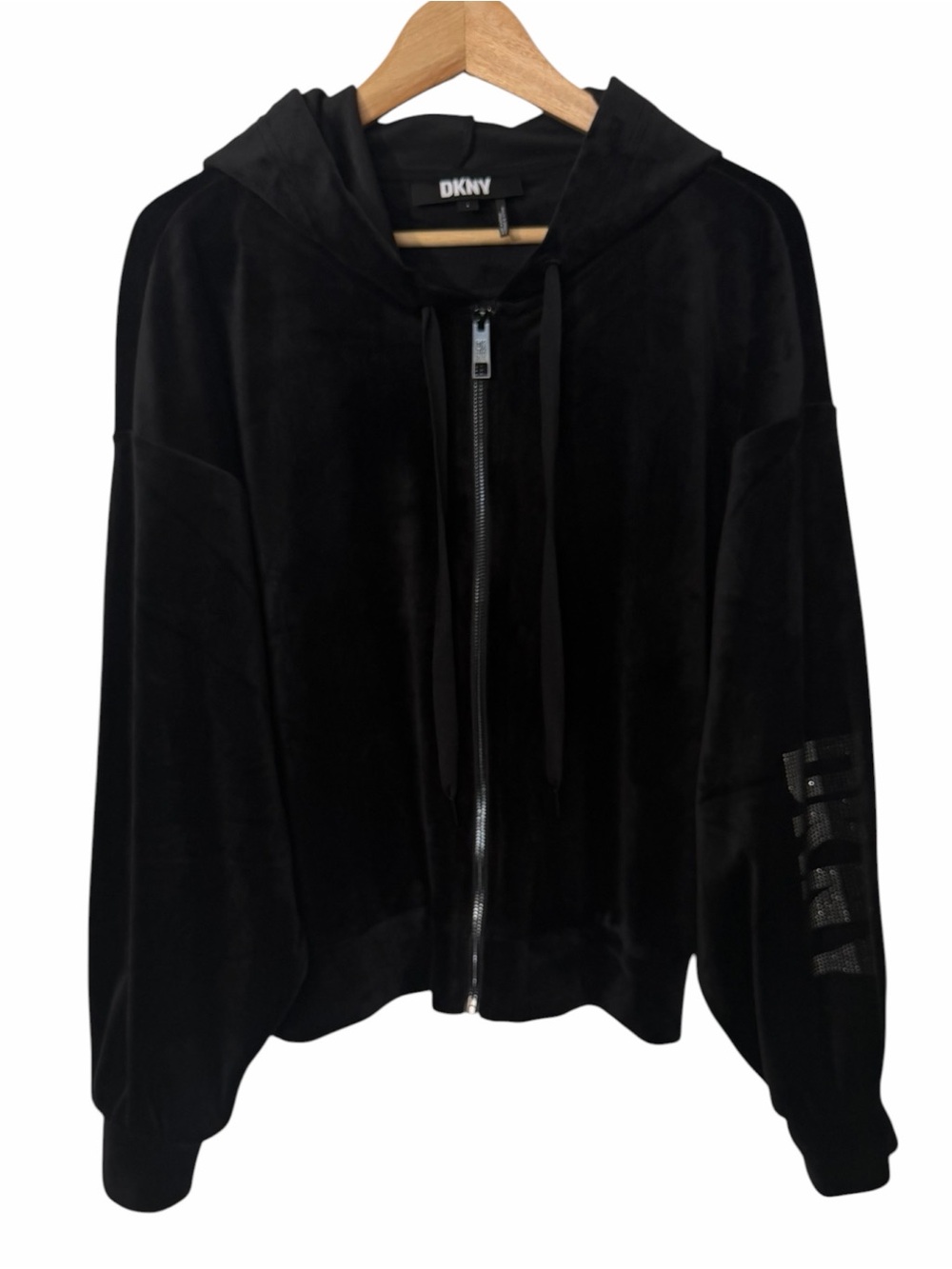 DKNY Hoodie Hooded Sweatshirt Women Sz L Black Velour Full Zip Rhinestone Logo